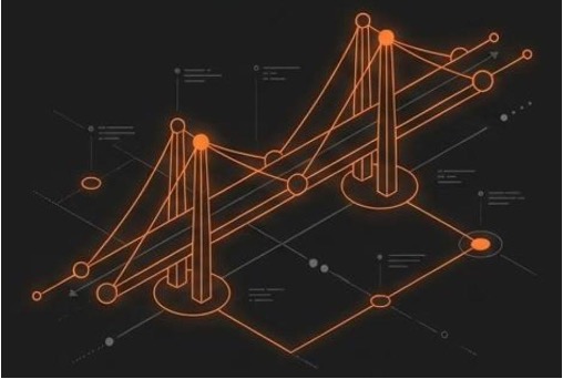 Ilustração isométrica de uma ponte em traços laranja, representando a conexão entre inovação global e mercado regional